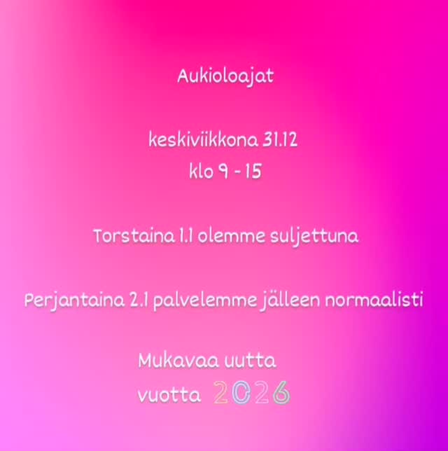 Uuden vuoden aukioloajat ✨
Liikkeen ollessa suljettuna voit varata ajan myös netistä www.tukkahyvin.fi/nettiajanvaraus 🩷
Mukavaa ja rauhallista uutta vuotta! ✨
#parturikampaamo #turku #poikkeuksellisetaukioloajat #uusivuosi2026