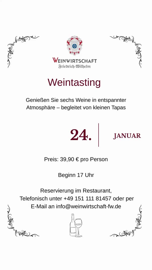 🍷 Weintasting am 24. Januar
6 Weine, kleine Tapas & entspannte Atmosphäre.
Beginn 17 Uhr – Plätze begrenzt.
#weintasting #weinliebe #genuss #tapas #weinmoment
