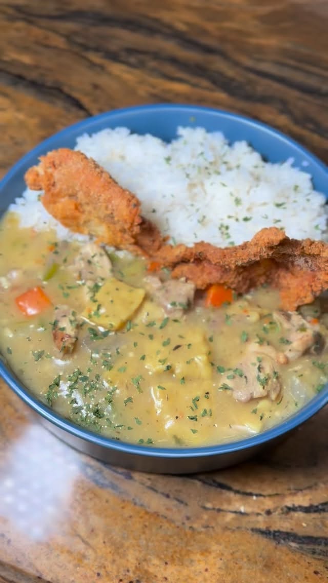 Chicken & Dumplings with the fried chicken skin.