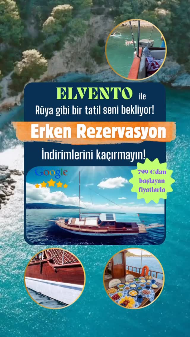 Erken rezervasyon fırsatları ile bu dönem yaz tatilinizi ELVENTO ‘da planlayın. 18 metre guletimiz ile en güzel koylar ve birbirinden lezzetli yemeklerimiz ile siz misafirlerimizi memnun etmekten mutluluk duyacağız. Teknemiz 3 kamaralı 8 kişi kapasitelidir. Kaptanlı ve aşçılı olarak hizmet veriyoruz. Yakıt, transitlog ve su dahildir. Kumanya hariçtir. Ekstra başka bir masrafınız olmayacak. Lütfen bize ulaşın ve kısa süre devam edecek olan erken rezervasyon fırsatını kaçırmayın. #boatlife #sealife #erkenrezervasyon #maviyolculuk #tekneturu