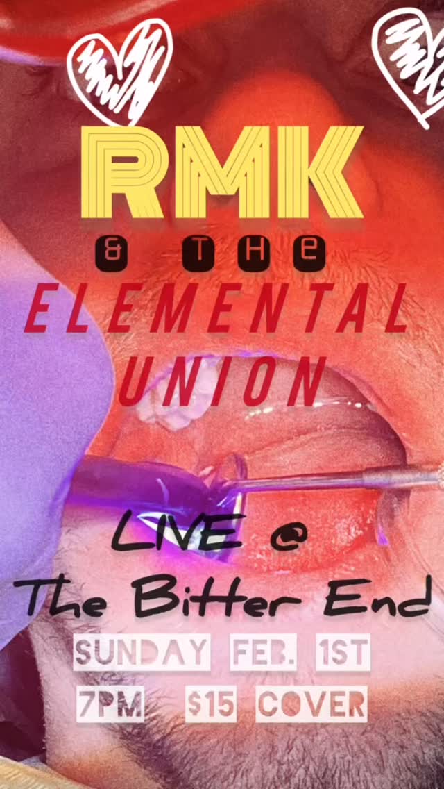 Want an evening completely different from getting dental work done??? Get your tickets to see RMK & the Elemental Union LIVE @thebitterendnyc Sunday February 1st at 7pm - link in bio!
.
🥁 @andyloveamato
🎸 @mattsangiovanni
🎸 Addison Ford
🎧 @civilianmusic
.
.
.
#livemusic #band #gig #rmkelemental