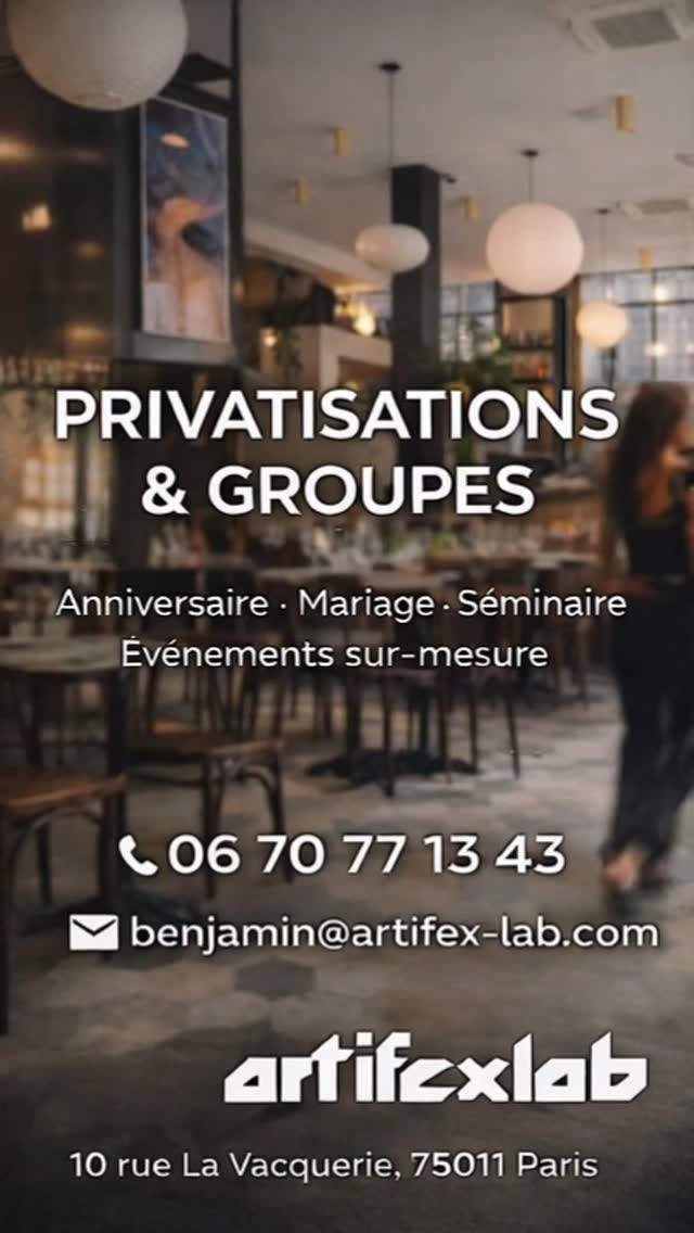 Privatisations & groupes à Paris 11e
Anniversaire, mariage, séminaire ou événement sur-mesure :
Artifex Lab vous ouvre ses portes.
📍 10 rue La Vacquerie, 75011 Paris
📞 06 70 77 13 43
✉️ benjamin@artifex-lab.com
👉 Contactez-nous
#ArtifexLab #PrivatisationParis #Paris11 #LieuEvenementiel
#EvenementParis SeminaireParis AnniversaireParis
MariageParis LieuAtypique ReelParis
