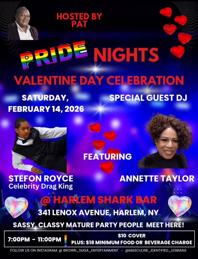 The word is Out! The perfect place for Valentine Date Night! Masculine Identified Lesbians of Color Collective hosting Pride Nights, Ladies Night Valentine Day Celebration” @harlemsharkbar! The place to be for date night with that special someone…or just relax and enjoy a great night out with old friends and to make new friends! Live Entertainment! Great Music! Great Food! Great Vibes! Along with your favorite drink! All in one place! I do not own the rights to this music. For entertainment purposes only.
#masculineidentifiedlesbiansofcolorcollective #lesbianevents #lesbianpride🌈 #lesbiancouples #lesbianvalentineparty
