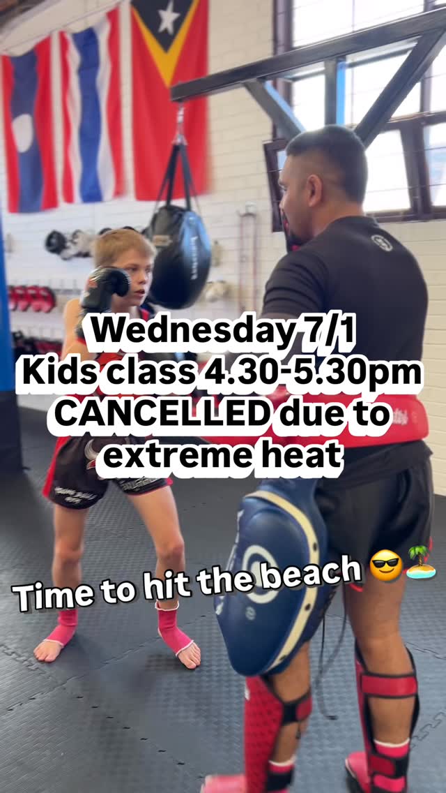 Young Bulls fam, Kids class on Wednesday 7/1 4.30-5.30pm is cancelled due to the forecasted extreme heat.
Adult classes will run. If you’re training, make sure to hydrate throughout the day, and during and after training. If you prefer to hit the beach, that’s ok too 😉🏝️#youngbullsgym #youngbullsmuaythai #melbournemuaythai #unleashthebullwithin #muaythai