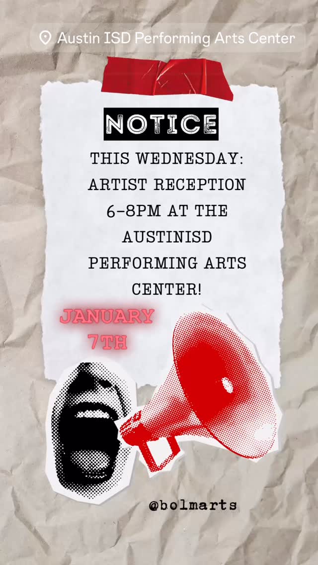 Join us for a reception on January 7th 6-8pm and meet some of the artists:
Abel Koury
Adam Robinson
Ángel García
Astrid Bell
Beck Rivera
Chad Rea
Devin Alejandro-Wilder
Jonas Criscoe
Joseph Santandrea
Ngan Hoang
Steef Crombach
Sydney Dettmar
Veeny Revilla
The AustinISD Performing Arts Center
1500 Barbara Jordan Blvd, Austin, TX 78723
#artinaustin #eastaustin #muelleratx #muelleraustin #eastaustinartsdistrict austinisd aisdarts aisdartshow austinisdpac
austinartists austinartscene