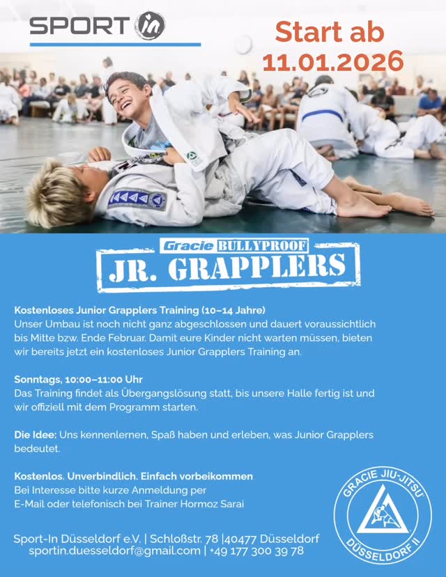 Kostenloses Junior Grapplers Training
Unser Umbau läuft noch, deshalb starten wir schon jetzt.
Eine unverbindliche Möglichkeit für Kinder, uns kennenzulernen, Spaß zu haben und zu erleben, worum es bei Junior Grapplers geht.
Kostenlos. Unverbindlich. Bitte kurze Anmeldung vorab @inantunc77 @gracie_jiujitsu_dus @hormoz_66 #graciejiujitsu #bullyproblems #graciebullyproof #kinder #jugend