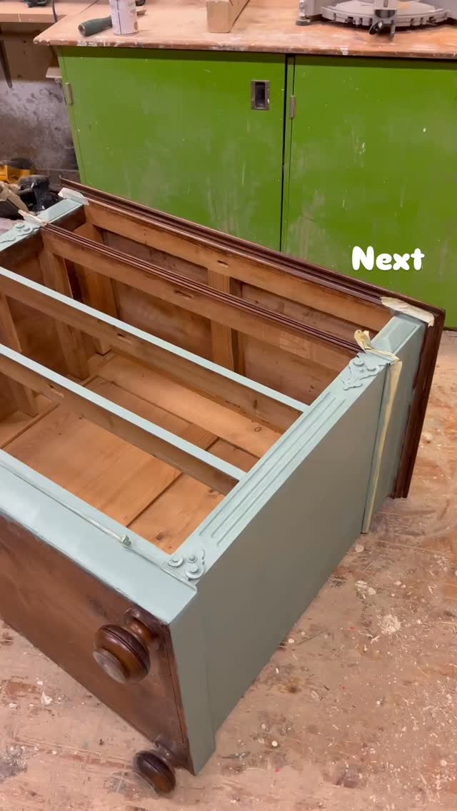 Coming right up, just giving this #antique #dressermakeover the finishing touches. It’s around 100 yrs old with wonderful #walnutwood drawers, the real is painted in my signature #matcha - stau tuned for more #flippedfurniture