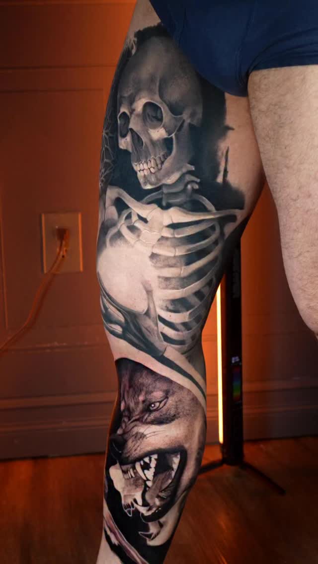 Every person has two wolves inside them.
One feeds fear, doubt, and chaos.
The other feeds discipline, growth, and purpose.
This full wrap black and grey leg sleeve was built around that idea.
Two forces constantly in tension, and the one you feed is the one that wins.
Almost a year and a half in the making.
Fully healed everywhere except the lower calf wolf, still fresh.
This is the kind of work that isn’t rushed.
It’s built layer by layer, session by session, just like real change.
What do you see when you look at it?
#wolftattoo #skulltattoo #legsleeve #tattoo