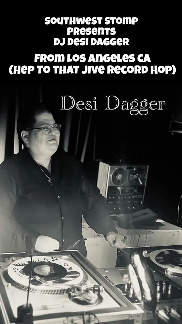 DJ spotlight #2. DJ DESI DAGGER!
When Desi’s brother Richard came out to spin at southwest stomp he dragged Desi along.
Just so happened Desi brought a box of records with and did a set for us.
We were so impressed we’ve invited Desi to spin the all dayer at the dirty drummer in Phoenix on Jan 31st!
If you’re in the LA area make sure to check out Desi’s record hop Hep to the Jive!
Can’t wait to see y’all dancing when this fantastic DJ spins some top tunes!