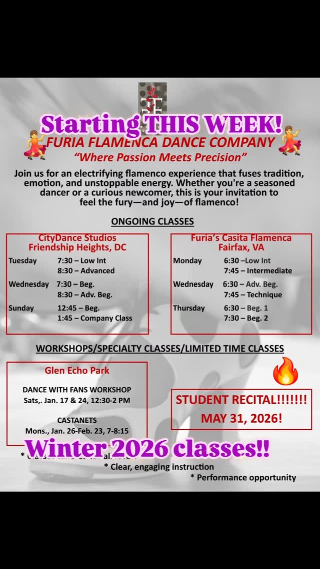 šOur Winter 2026 semester of flamenco classes start THIS WEEK!!!!
š„JOIN US! Register now!
From beginner to advanced and specialty workshops. There is something for everyone! We hope to see you in class!
š Link in bio for details and to register.
Let's dance together into the new year!
#danceclasses #flamenco #DCdance
#VAdance #flamencodance
