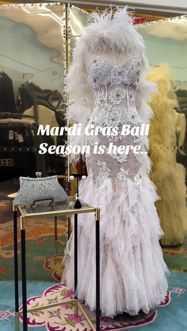 The sparkle never stops! Come get styled by us for your next Mardi Gras ball, tons of new gowns in store now! 💜💚💛 #mardigras #batonrouge #timewarpbr #mardigras2026 #vintagefashion