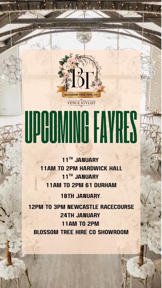 Wedding fayres are finally here!
Here are some of our upcoming shows.
Edit: 24th Jan is now 12pm to 2pm
If you can't make any of them don't worry as you'll always be able to find us at our showroom in South Shields on Western Approach. Open most days 10am to 4pm.
Walk ins are always available but if youd like to book a 1 to 1 appointment drop us a message
#weddingdecor #weddingplanningtips #weddingplanning #northeastbrides #weddingstyling