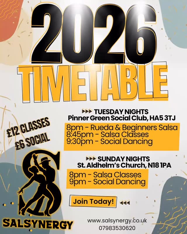 ✨ 2026 TIMETABLE IS HERE ✨
Same energy. Bigger vibes. More salsa.
🗓 Tuesdays – Pinner Green Social Club (HA5 3TJ)
🕗 8pm – Rueda & Beginners Salsa
🕣 8:45pm – Salsa Classes
🕤 9:30pm – Social Dancing
🗓 Sundays – St. Aldhelm’s Church (N18 1PA)
🕗 8pm – Salsa Classes
🕘 9pm – Social Dancing
💷 £12 classes | £6 social
🔥 No partner needed
❤️ Pure vibes, great people, real dancing
👉 Join us and make 2026 your salsa year
🌐 salsynergy.co.uk
📞 07983 530620
#Salsynergy #LondonSalsa #SalsaLondon #DanceCommunity #SalsaSocial