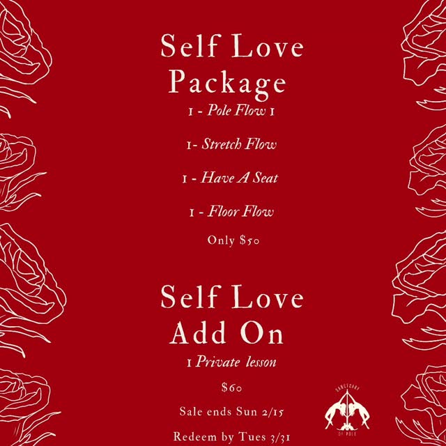Self care is one of the greatest ways to show love to yourself! Take advantage of our Self Love package. Package includes 1 - Have A Seat (Chair class), 1 - Stretch Flow (Stretching), 1 - Floor Flow (floorwork) and 1 - Pole Flow 1 (pole dancing level 1) for only $50! You can add on 1 - Private Lesson for $60!
Sale ends Sun 2/15/26
Redeem by Tues 3/31/26
Want to get one for a friend, family and significant other? Purchase a Gift Card value or contact us for assistance on purchase.