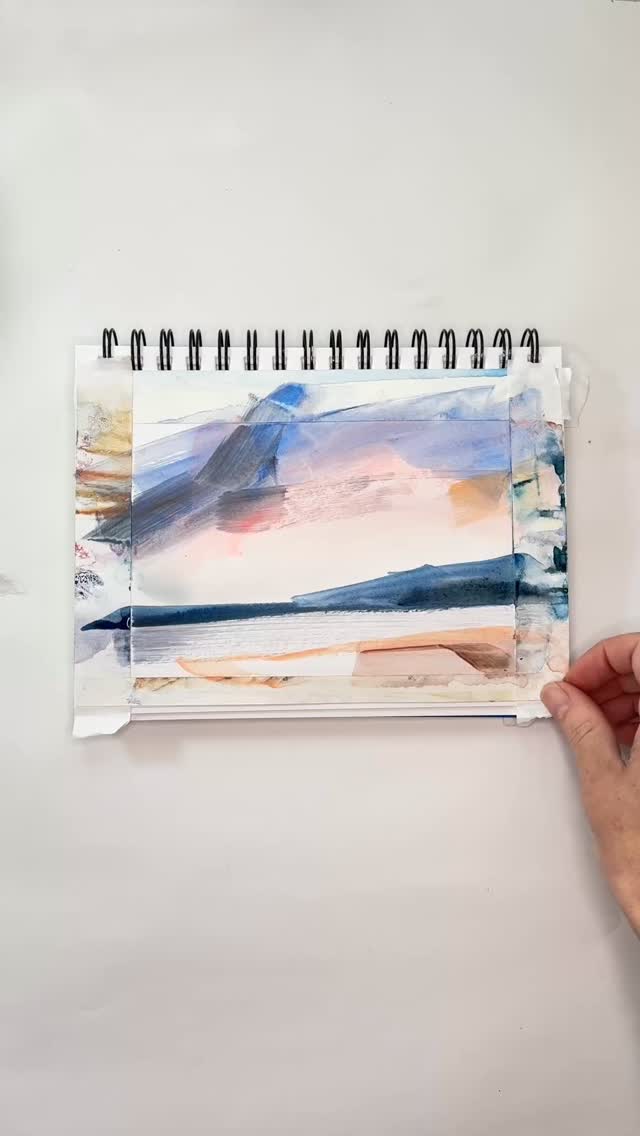 Winter landscape in the sketchbook. Deep blues and grays and a touch of pink. Always nice to peel that tape off.
.
#sketchbookpages #abstractlandscapepainting #pnwartist