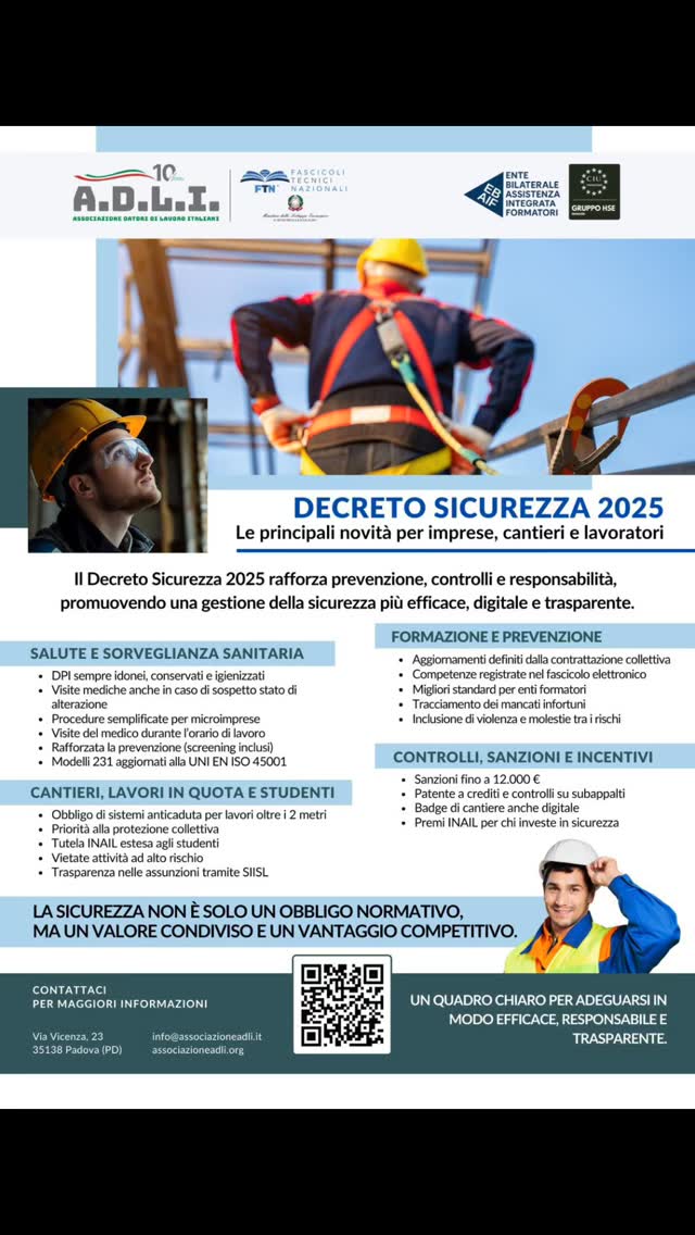 📢 Decreto Sicurezza: cosa cambia davvero?
Il Decreto Sicurezza introduce nuove disposizioni fondamentali per la tutela dei lavoratori, il rispetto delle norme e il rafforzamento della prevenzione nei luoghi di lavoro.
👉 Più responsabilità
👉 Più controlli
👉 Più sicurezza per tutti
Essere aggiornati oggi significa proteggere il futuro della tua azienda.
La sicurezza non è un obbligo: è un valore.
#decretosicurezza #sicurezzasullavoro #prevenzione #normativa #formazione #responsabilità #lavorosicuro