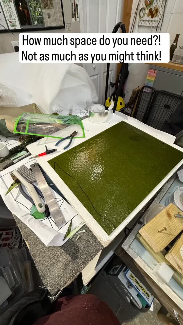 Think stained glass requires a huge workspace? Think again! 🤣🤷♀️ Proof that you can create anywhere if you're passionate enough 😝 Come check out my workshop tonight!
As long as you've got space for an A2/A3 cutting mat or a cork board ceiling tile, you're good to go when using the Tiffany Copper foiling technique!
Just remember: safety first! My earliest posts from 2021 prove it can be done – I made stained glass from my dining room in a wheelchair!
- Essentials include a plastic storage tub with your kit and don't forget safety gear. You don’t need a lot to get started! Just keep things basic.
- Make sure it’s well ventilated, so be in a room with an opening window, or buy a small extractor fan, as well as wearing a filtering face mask.
- Clear away any food & drink from your workspace whilst creating, and watch out for small children and pets who are guaranteed to be intrigued….
Head to my website (www.NorthLakesStainedGlass.co.uk) for more information on copper foiling and subscribe to my mailing list for regular hints and tips, and to be alerted when my next blog post goes live, with a beginners guide to getting going in stained glass!
Once you’re a bit more confident, or want to try bigger projects but can’t make more room in the house, lots of people then move to a small shed, or why not search & see if there is a local stained glass artist in your local area who would ‘rent’ you a table space in their studio? 🧐
Starting this spring/summer, I’ll be doing just that & offering out space in my Keswick studio to people who already know the basics of stained glass, don’t want tuition, but would like a space to work & some company to work on their own projects! Either bring your own equipment or borrow mine. If you’re interested, put a comment below or drop me a message 🥰
#stainedglass #glassartist #glassart #GetCreative #CreativeCommunity #learn #workshop #hobbies #create #dream #craft #handmade #wellbeing #cumbria #lakedistrict #shareknowledge #support #startingOut #takethefirststep
@edenvalleyartisticnetwork @arts_cumbria @cumbriacreativecollective @the_makers_mill @make_it_at_market @thehappyherdwick @cumbrialifemag