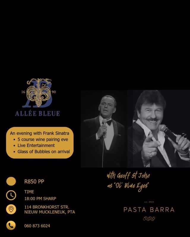 Step into the golden age of jazz and join us for an unforgettable Frank Sinatra Evening at Pasta Barra!
On 24 January at 18:00, our restaurant transforms into a stage for timeless classics, paired with a decadent 5-course menu and exquisite Allèe Bleue wines.
Enjoy an evening of live entertainment, fine food, and exceptional wine—crafted for those who appreciate the finer things in life.
Seats are limited to ensure an intimate experience. Reserve your table now and let us sweep you away with the magic of “Ol’ Blue Eyes” and Mediterranean hospitality.
This is one night you won’t want to miss.
Book now to avoid disappointment. #pastabarra #pretoriarestaurants #jazzlover #alleebleuewines #datenight