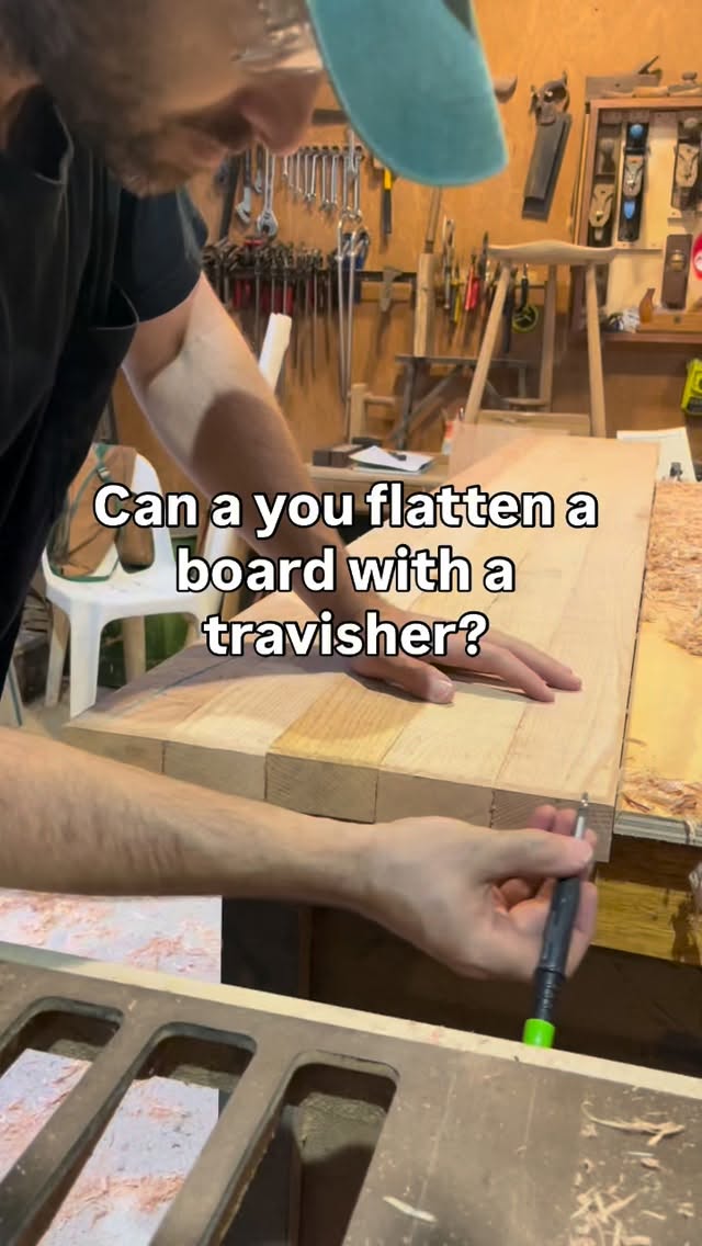 I had a significant bow in this board that was too big for the jointer, so I had to use hand tools. The end of the board kicked up by about 5mm so I was curious how fast I could cut through a 5mm thick chunk using the Model 1 travisher like a really aggresive scrub plane.
This must have halved the amount of time it took than if I had started with a scrub plane! I took 4mm off the thickness of this board in the first 2mins using the Travisher. The rest was done with a scrub plane and finished off with a long bed low angle jack plane from Melbourne Tool Company.
I keep finding uses for this travisher. If you want to order one for yourself, I have this model plus a brass soled version for sale on my website.
#travisher #handtools #woodworking #furnituremaker #handmade