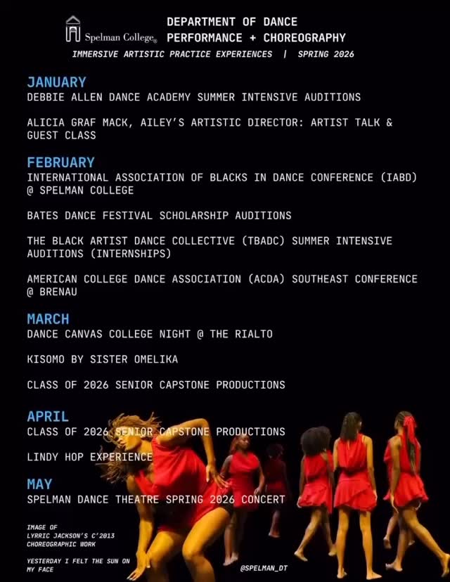 Serving as Interim Co-Department Chair of the Spelman College Dance Performance & Choreography Department alongside @kbwesse for the 24/25 and 25/26 academic years has been an incredible experience rooted in passion, intentional growth, and continued innovation within our dynamic curriculum. As an alum and proud Atlantan, stepping into this leadership role has been especially meaningful.
For the Spring 2026 semester, Kat and I set our shared vision to “Amplify Loudly,” highlighting the outstanding work of our majors + minors across scholarship, performance, research, creative practice, and their pipelined career achievements. I’m so exciting to bring forth weeks of collaborative conversations and planning that have brought our vision to life!
We invite you to explore the Spring 2026 Immersive Artistic Practice Experiences, which have been thoughtfully curated to amplify #DanceAtSpelman.
@spelman_dt
#hbcu #danceatspelman #spelmancollege #lehhggooo