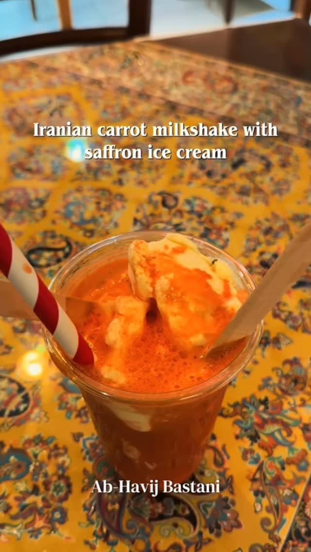 Today we tried something new, the Iranian carrot milkshake Ab-Havij Bastani at Persian Cafe in Golders Green.
Fresh carrot juice poured over scoops of creamy ice cream, traditionally saffron-flavored Persian ice cream (Bastani Sonnati) with rosewater and pistachios, creating a sweet, refreshing, and nostalgic float served with a spoon and straw.
#iraninstagram #dessertreview #FoodTok #fyp #milkshake