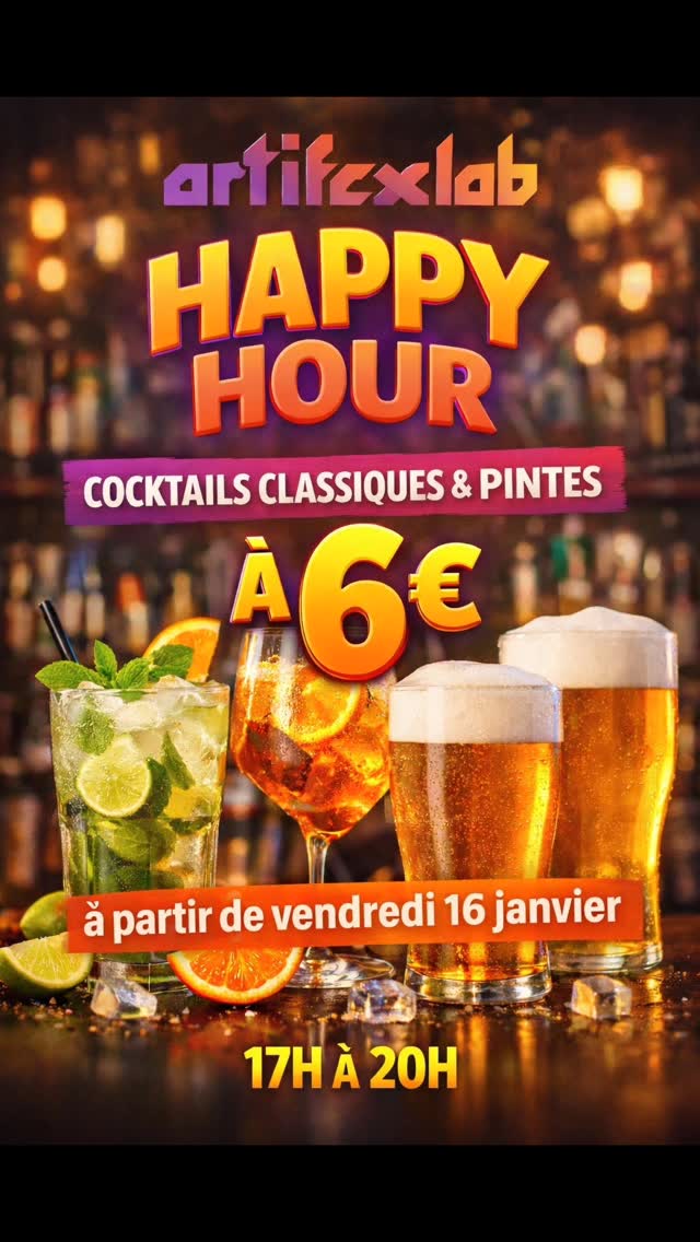 🍸 HAPPY HOUR CHEZ ARTIFEX LAB 🍺
Cocktails classiques & pintes à 6€
⏰ 17h → 20h
📅 À partir de vendredi 16 janvier
Après le boulot, on se retrouve autour d’un verre, dans un lieu où l’art, la musique et les bons moments se croisent.
👉 Tag ton/ta partenaire d’afterwork
📍 Artifex Lab – Paris 11
#HappyHourParis #AfterworkParis #BarParis #Paris11
#sortiraparis