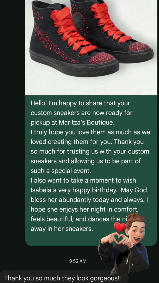 "Thank you so much, they look gorgeous!!” 🤍
Nothing means more to us than knowing our clients love their custom sneakers.
Handcrafted with care, intention, and comfort for life’s most meaningful celebrations
#UpliftingCloset #reviews #quinceañera #grateful #sweet16