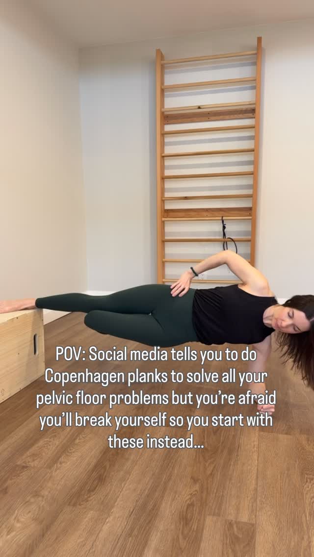 Copenhagen planks are excellent for pelvic stability and inner thigh strength- both necessary for good pelvic floor strength.
However, jumping straight into them might actually be bad news for a lot of us. It’s a pretty demanding exercise that can be too much stress if you’re not ready for it.
The other exercises in this video are intelligent progressions that can help build to a Copenhagen planks, while still giving you the great benefits.
This is also a great time for a mini reminder that just because social media says an exercise is a must-do or will solve all your problems, it most definitely will not if it’s not what your body needs or your body isn’t ready for it.
Strong statements gain reach and engagement, which is why these heavy handed statements seem to be everywhere- just remember to be discerning when consuming content!