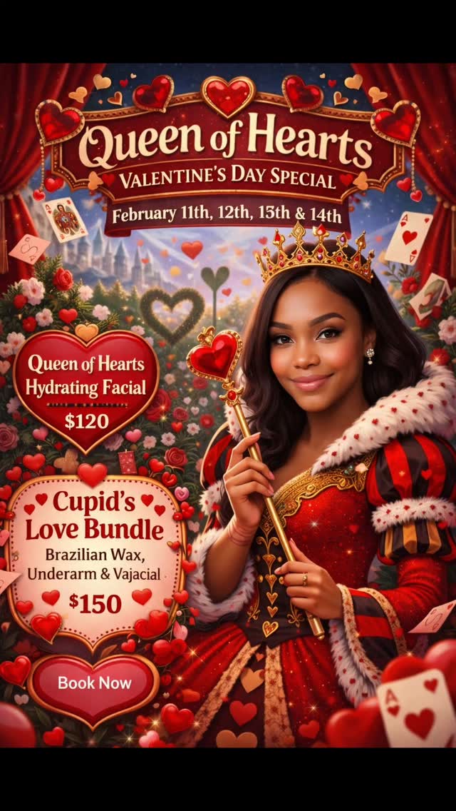 OFF WITH THE HAIR… ON WITH THE GLOW 👑❤️
The Queen of Hearts Valentine’s Special has arrived, and self-love is the only rule that matters.
Indulge in royal treatment with our Queen of Hearts Hydrating Facial or fall head over heels for the Cupid’s Love Bundle because smooth skin and glowing confidence are always in season.
Available February 11th–14th only.
Book your throne before the Queen declares, “Too late!” 💋
#ConcordNC
#CharlotteNC
#ConcordNCBeauty
#CharlotteWax
#QueenOfHeartsSpecial