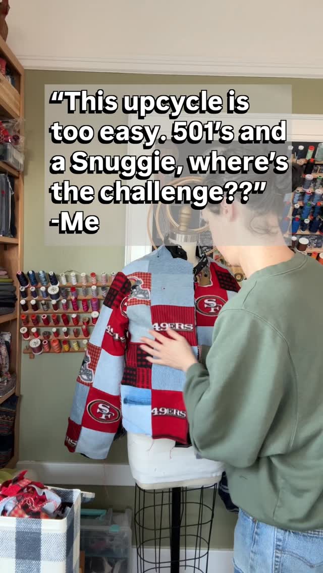 Part two of this 49ers upcycle that I plan to wear to Levis Stadium to watch the 49ers play in the Super Bowl. Or to sit on my couch and watch the Bad Bunny halftime show 😂. I’m actually OK with either because whatever happens on Saturday, this has been a really incredible football season.
A season, however, that has had a little bit less impact on me than normal since I’ve been a bit distracted by our country slipping into fascism and more recently, the city of Minneapolis, being under siege.
All that being said, how freaking cool is this jacket coming together?? A jacket I made from some parts of some 501s and a 49er Snuggie I’ve had for 15 years. It was actually my husband‘s idea to add the leather details which I’m really liking – it has a bit of a collegiate vibe.
Inspiration: @kristinjuszczyk
Sewn on my BERNINA L890 and 770 QE
#upcycledjeans #49ersfaithful