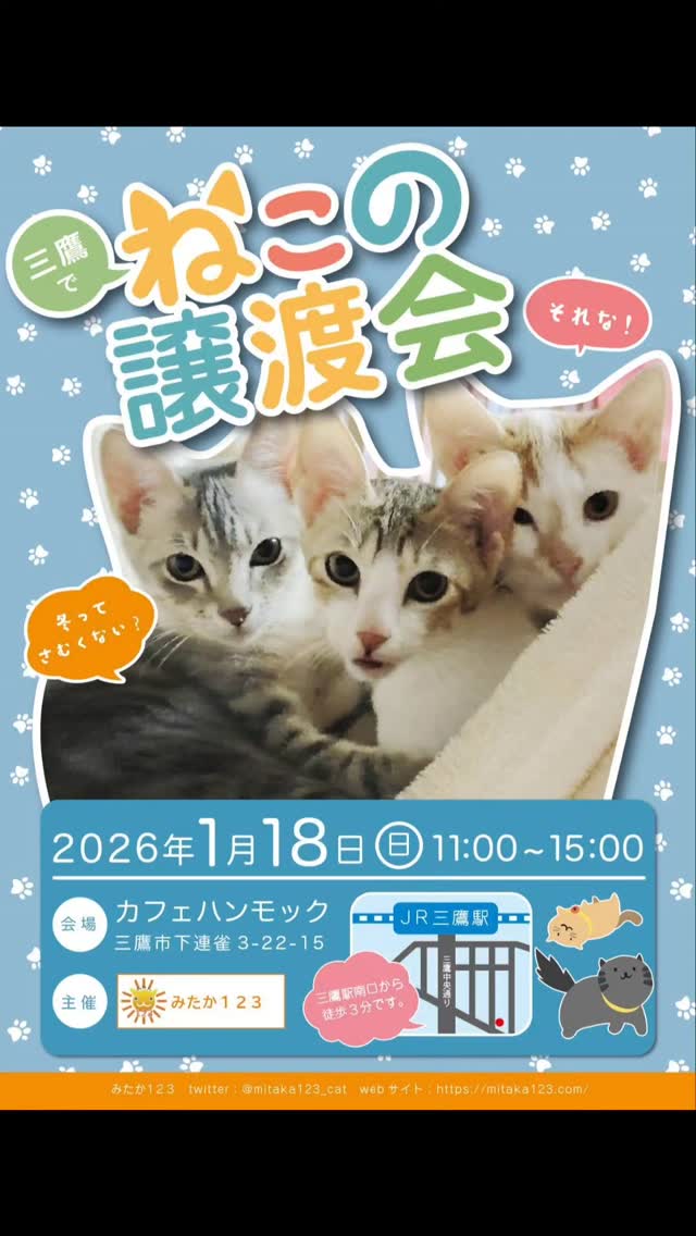 1月18日(日)三鷹で猫の譲渡会🩵🩵🩵🩵🩵
場所 三鷹駅前カフェハンモック
三鷹市下連雀3-22-15
三鷹駅南口徒歩5分
時間 午前11時〜3時
たくさんのかわいい猫がいます。
是非いらして下さいね🩷
予約不要 入場無料
お待ちしております🙇✨