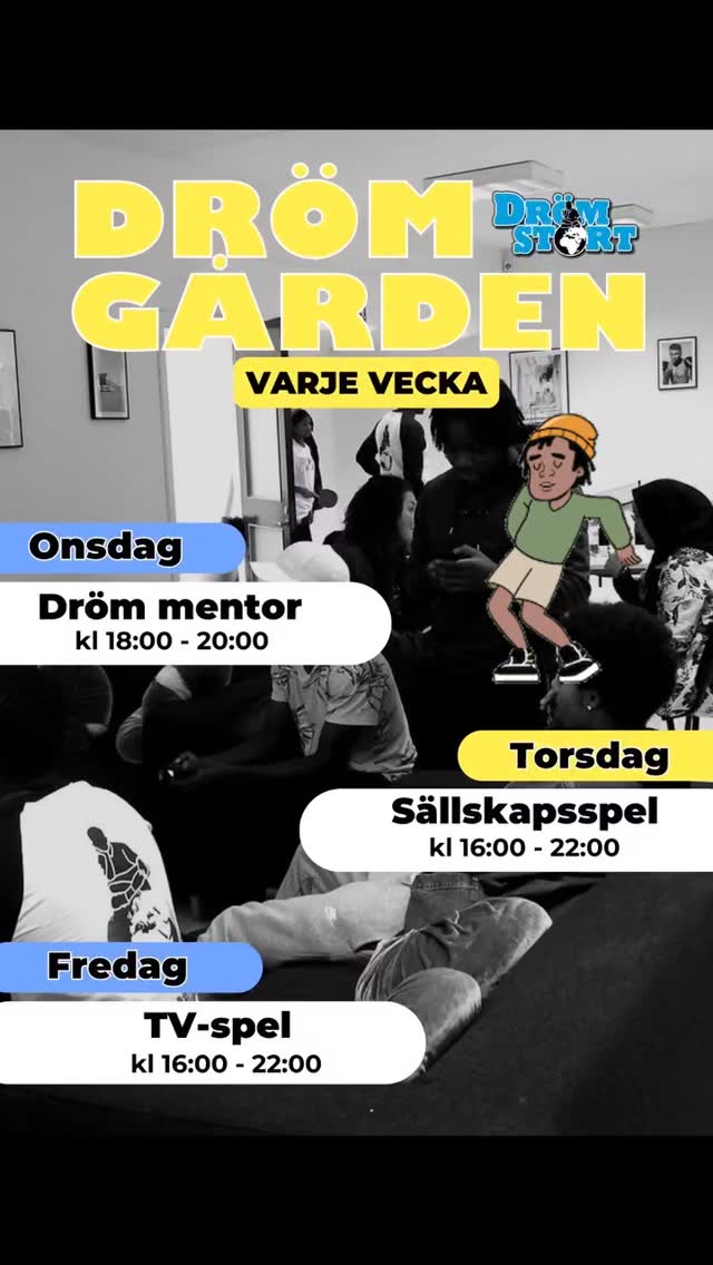 Nu kör vi igång igen! 🔥
Kom och häng med oss på Drömgården 🙌
🎮 Spela TV-spel
🏓 Pingis & biljard
💪 Gymma
💃 Dansa
📚 Få hjälp med läxor eller att komma igång med dina idéer
📍 Drömgården
🕕 Onsdagar: 18.00–20.00
🕓 Torsdagar & fredagar: 16.00–22.00
Ta med en kompis eller kom som du är
Vi ses! ✨
