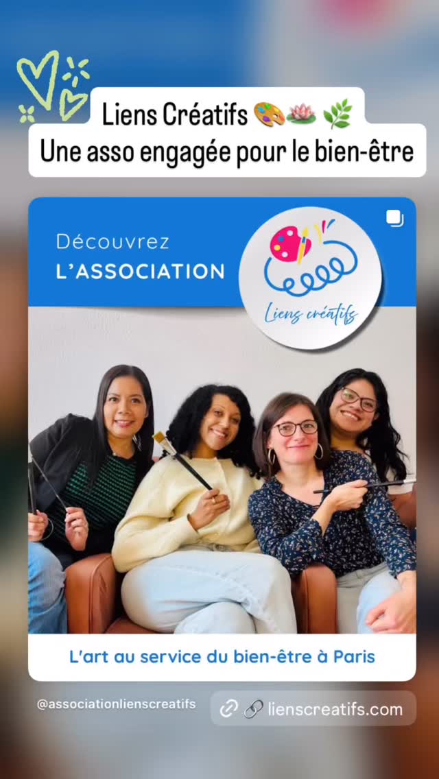 🌱🎨Honorée de faire partie de l’ @associationlienscreatifs
Art-thérapeute, j’agis au sein de ce projet collectif aux côtés de mes collaboratrices: @verocg2001 @camille.gaillardon @oficialdulcemente
Chez Liens Créatifs, nous créons des espaces d’expression libres et bienveillants, où l’art permet de créer du lien et de prendre soin de soi.
Nous proposons :
• ateliers collectifs
• accompagnements individuels
• rencontres
Pratiques proposées :
Arts plastiques | Relaxation méditative | Sophrologie | Écriture & narration | Massage sonore | Musico-thérapie réceptive | Photo-thérapie | Techniques textiles | Cartes émotionnelles | Accompagnement face au deuil
Chaque proposition est pensée pour favoriser le bien-être et l’inclusion 🌱
📩 associationlienscreatifs@gmail.com
🌐 www.lienscreatifs.com
#LiensCréatifs #ArtThérapie #ArtEtBienÊtre
#Créativité #BienÊtre InclusionSociale
AteliersCréatifs AssociationParis
SantéMentale LienSocial
JessicaArcher ArtTherapeute