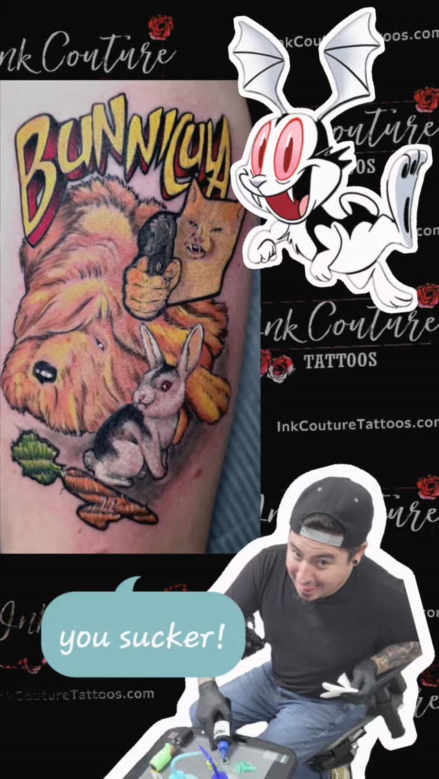 Bunicula! Boom Pow! this is mix medium. I neeeeeed to do more of this style. #bunny #mttattoos #dog