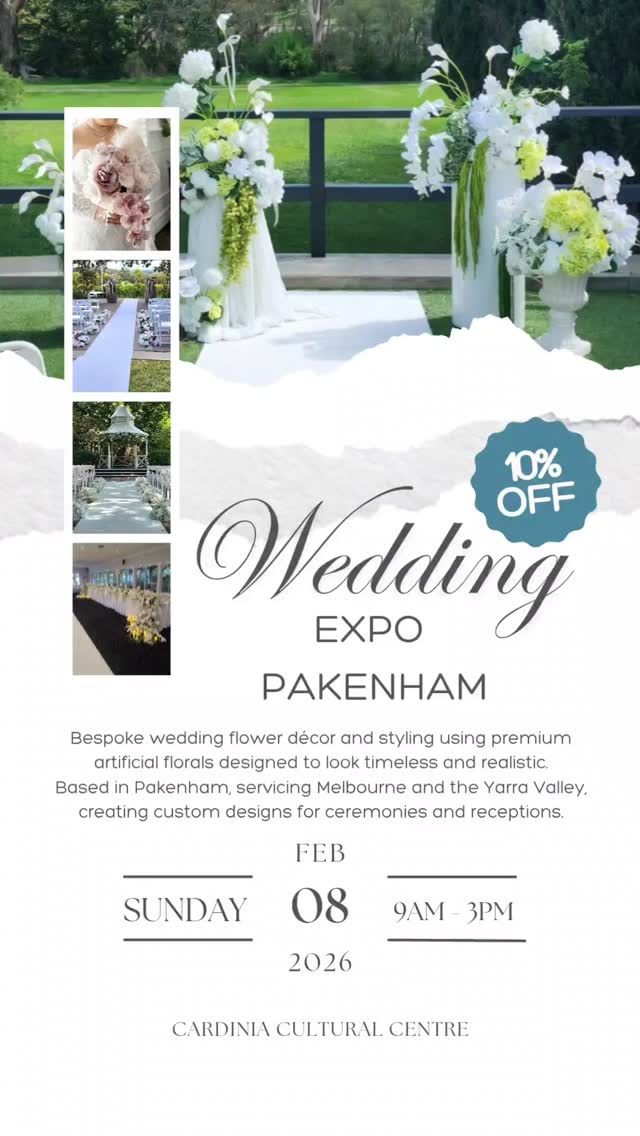 We’ll be at the Pakenham Wedding Expo.
Come and see our full ceremony plinth setup in person, explore premium artificial florals up close, and chat through ideas for your wedding day.
Expo exclusive
10% off full wedding flower décor hire and styling for bookings secured within 8 weeks of the expo.
Plus, enter to win a $250 bridal bouquet at our stand.
If you’re recently engaged and planning your wedding, come and say hello and scan the QR code to enter.
#PakenhamWeddingExpo #MelbourneWeddingFlorist #WeddingStylingMelbourne #FauxFloralsAustralia #EngagedMelbourne