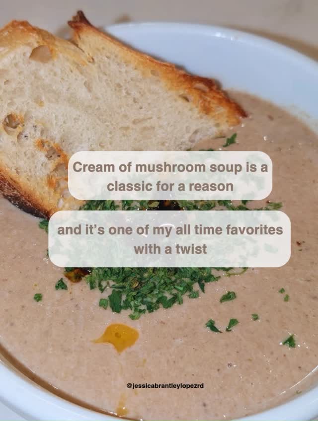 Creamy. Cozy. And secretly higher protein & fiber
This homemade cream of mushroom soup got a little nutrition upgrade—
✨ White beans + cottage cheese blended right in for extra protein
✨ No bean taste. No cottage cheese taste. Just rich, creamy goodness
✨ And yes… I still added heavy cream, because ...well it's good
Nutrition doesn’t have to be all-or-nothing. Small swaps can go a long way 🤍
How I made it:
• Sauté mushrooms, onion & garlic until deeply golden
• Add broth + seasonings and simmer
• Blend white beans + cottage cheese until smooth, then stir in
• Finish with heavy cream
Save this for your next cozy night in!
#dietitianapproved #glp1friendly #wellnessjourney