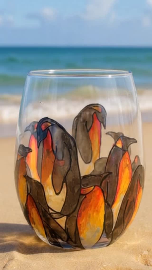 Winter outside, beach vibes inside—thanks to this warm penguin design glass
#handpaintedglass #penguinglass #sunmervibes #beachdaydreams #colorfulglass functionalart womanownedbusiness shophandmade septembermagic
