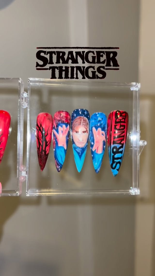 The full set is complete - Stranger Things Season 5 themed press on nails with 3D nail art #nailart #strangerthings #handpaintednails #nailsnailsnails #pressonnails