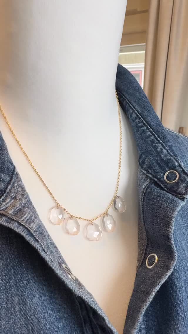 Gorgeous rose quartz pendants dangle from a simple 14 karat gold-filled chain, making it easy to wear this necklace anytime you want, whether it’s fancy or casual. Beautiful layered with other pieces, don’t be afraid to wear this one every day. Let me know, do you want to see this necklace styled with other necklaces?