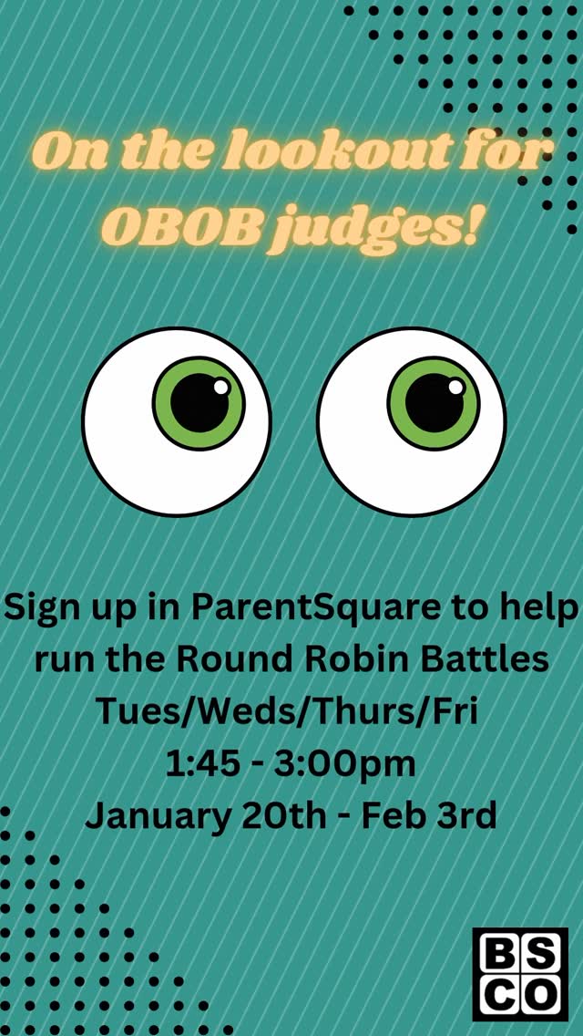 We need YOU! 🙋♀️🙋♂️Last-minute OBOB volunteers needed today, tomorrow, and Thursday - can you help? Check out shifts and sign up in ParentSquare 💙