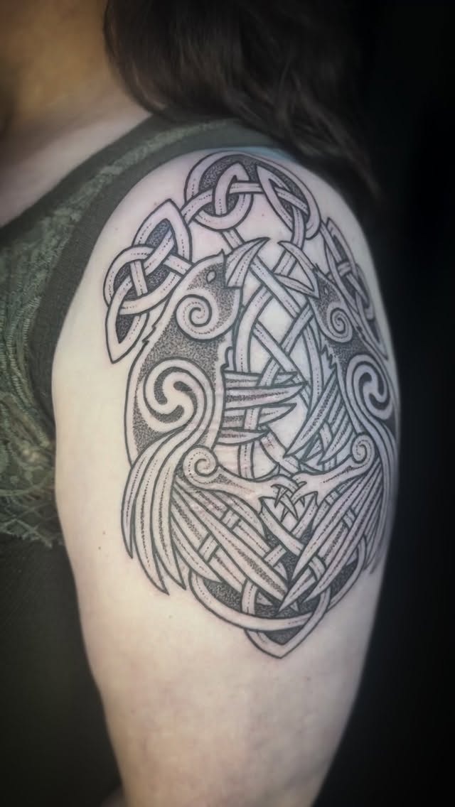 Created this Huginn and Muninn inspired knotwork tattoo for the loveliest client. I incorporated some La Tène style swirls into this, which makes it a bit of a Hiberno-Norse hybrid style :)
-
Thank you so very much to my client and for your support of my art!
-
#triplegoddesstattoos #dotworktattoo #knotworktattoo #nordictattoo #witchtattoo