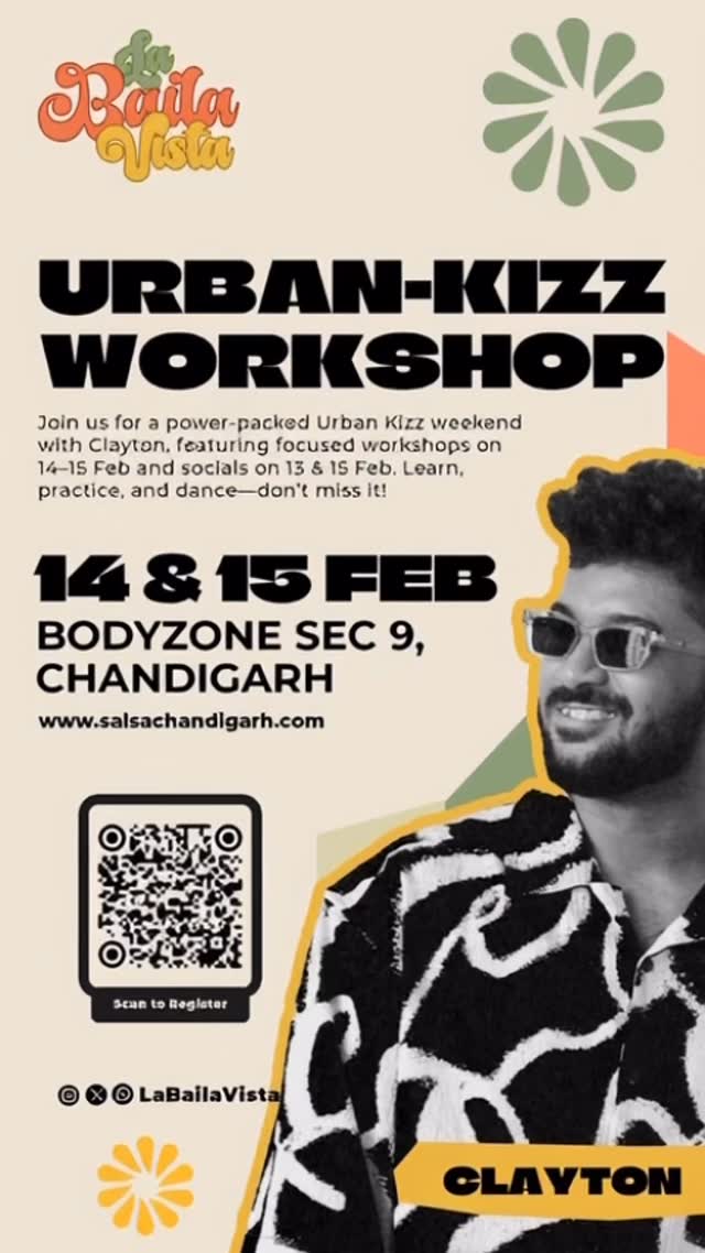 We bring to you Urban Kizz Workshop with Clayton (Pune)
Get ready for a weekend full of learning, connection, and amazing socials.
🗓 Workshop Dates: 14th & 15th Feb
🎶 Socials:
• 13th Feb (Pre-workshop Social)
• 15th Feb (Post-workshop Social)
💥 Early Bird Offer:
Get 20% OFF on the Full Workshop Pass for the first 15 tickets
👉 Use code: FIRST15
Limited spots available—don’t miss this one! 💃🕺