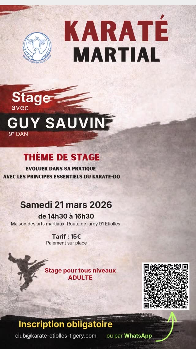 🥋 𝗦𝗧𝗔𝗚𝗘 𝗔𝗩𝗘𝗖 𝗚𝘂𝘆 𝗦𝗮𝘂𝘃𝗶𝗻
Nous avons le plaisir d’accueillir Guy Sauvin, expert reconnu du karaté-do, 9e Dan, dont le parcours est marqué par des décennies de pratique, de transmission et de recherche autour des fondamentaux du karaté traditionnel.
Son enseignement, à la fois exigeant et accessible, met l’accent sur la justesse du geste, la compréhension du corps et l’évolution personnelle, à travers une pratique martiale profonde et cohérente, avec une approche du karaté interne.
👉 Stage ouvert à tous les niveaux, placé sous le signe du sens, de la progression et de l’authenticité du karaté-do.
#karate #karatedo #stagekarate #karateinterne #artsMartiaux pratiquemartiale