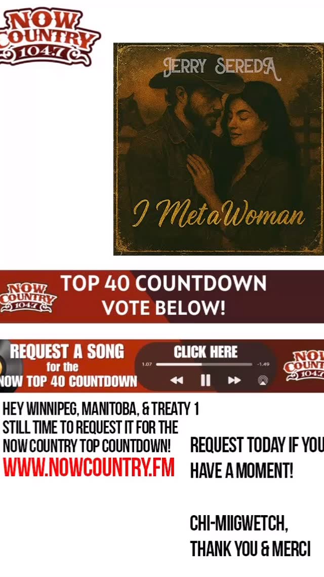 Tansi Winnipeg, Manitoba & Treaty 1! Now Country has a Top 40 Countdown we’d love to be on! If you agree with me search for Now Country 104.7 FM and send in a request! LINK IN BIO & Comments
Then tune in Saturday to see who’s on the list!! I appreciate everything you do 🤠❤️🙏
Miigwetch, Maarsii, Thank You & Merci! Hope to see you at a show soon! #jerrysereda #indigenousmusic #countrymusic #manitobamusic #canadiancountry 🤠❤️🙏