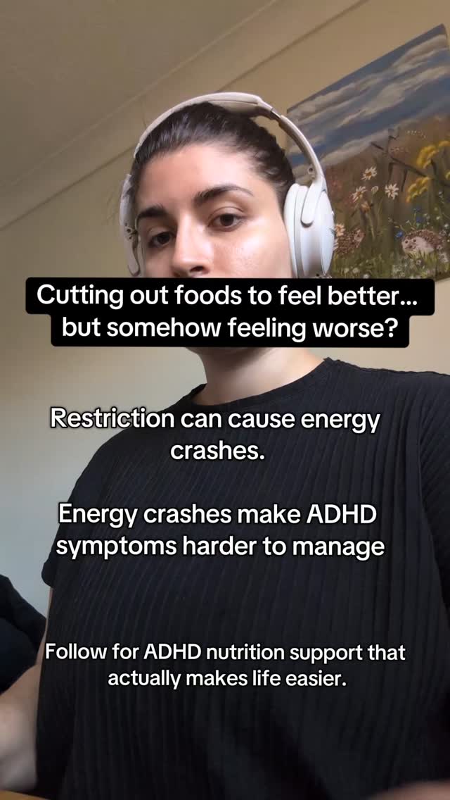 Cutting out foods to improve focus or symptoms can sometimes backfire.
Energy crashes can make ADHD symptoms like brain fog, overwhelm, and irritability feel worse.
Follow for ADHD-friendly support, not rigid rules