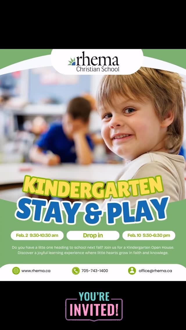 Do you have a little one going to school next fall? Drop in to our Kindergarten Stay and Play to learn more about what Rhema has to offer. Two sessions to choose from. Contact the school for more information! #openhouse #kindergarten #rhemachristianschool