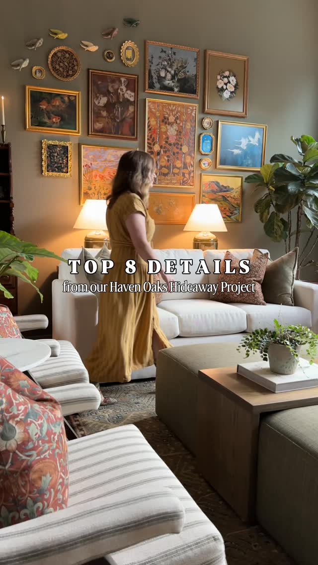 ✨ Save these details…your future self will thank you! ✨
✨ Throw pillows: @rejuvenation
✨ Top layer rug: @rejuvenation
✨ Bottom layer rug: @ernesta_inc
✨ Checkerboard fireplace tile: @bedrosianstile Celine 4” x 4” Matte Porcelain in Taupe & White
✨ Plant: No, this is not a fake plant!! Our client has a serious green thumb and a whole collection of happy, thriving plants including this fiddle leaf fig
✨ Collage wall art: @etsy downloads
✨ Coffee table wood tray: Custom piece by Shane Doyle
✨ Top-down/bottom-up shades: Valiant Co
✨ Gold mirror: Ballard Designs
Isn’t this living room just the happiest?! 😍 We are obsessed with how the mid-century modern and boho details came together, and it brings our client so much joy…it seriously breathes life back into her home.