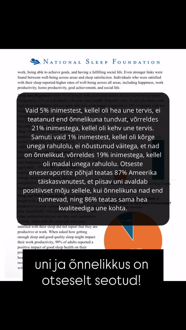 Vaid 5% inimestest, kellel oli hea une tervis, ei teatanud end õnnelikuna tundvat, võrreldes 21% inimestega, kellel oli kehv une tervis. Samuti vaid 1% inimestest, kellel oli kõrge unega rahulolu, ei nõustunud väitega, et nad on õnnelikud, võrreldes 19% inimestega, kellel oli madal unega rahulolu. Otseste eneseraportite põhjal teatas 87% Ameerika täiskasvanutest, et piisav uni avaldab positiivset mõju sellele, kui õnnelikuna nad end tunnevad, ning 86% teatas sama hea kvaliteediga une kohta.