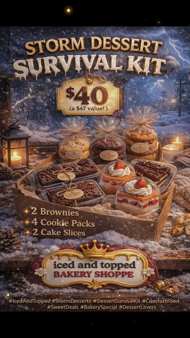 ⛈️🍰 STORM DESSERT SURVIVAL KIT 🍰⛈️
Because every storm needs a little sweetness.
Come in and grab our Storm Dessert Survival Kit — the ultimate comfort bundle for cozy days at home:
✨ 2 Brownies
✨ 4 Cookie Packs
✨ 2 Cake Slices
💰 $40 (a $47 value!)
Perfect for sharing, stocking up, or treating yourself while riding out the weather. Once they’re gone, they’re gone!
📍 Iced & Topped Bakery Shoppe
Comfort food… but make it dessert. 💛
#IcedAndTopped #StormDesserts #DessertSurvivalKit #ComfortFood #SweetDeals #BakerySpecial #WeatherReady #DessertLovers #SupportLocal