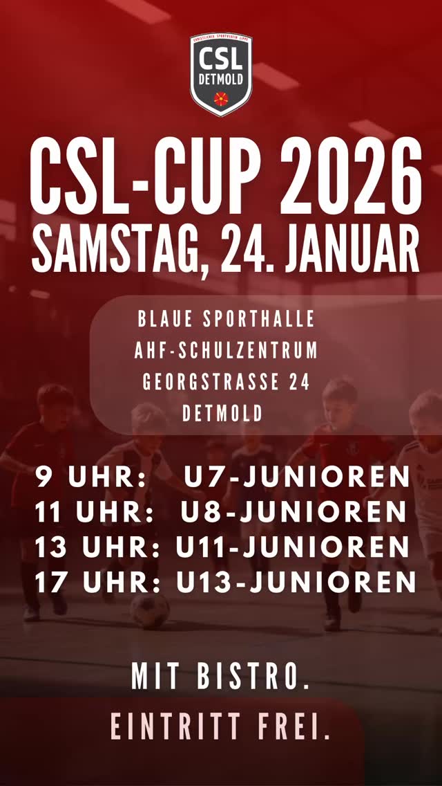 🏆 CSL-CUP 2026 – ES WIRD LAUT IN DER HALLE! 🔥⚽
Licht an. Ball rollt.
Die Halle bebt – Jugendfußball pur beim CSL-Cup 2026!
Am Samstag, 24. Januar 2026 verwandelt sich die Blaue Sporthalle in Detmold in eine echte Fußball-Arena.
Spannende Spiele, jubelnde Kids, stolze Trainer & pure Emotionen. 💪❤️
⏰ Turnierzeiten
⚽ 09:00 Uhr – U7
⚽ 11:00 Uhr – U8
⚽ 13:00 Uhr – U11
⚽ 17:00 Uhr – U13
📍 Blaue Sporthalle
AHF-Schulzentrum, Georgstraße 24, Detmold
🍟 Mit Bistro & Verpflegung
🎟 Eintritt frei
Kommt vorbei, feuert die Teams an und erlebt Jugendfußball so, wie er sein soll:
fair, leidenschaftlich und voller Teamgeist.
Wir freuen uns auf euch! 🙌
Euer CSL Detmold 🖤❤️
#CSLDetmold
#Jugendfußball
#Hallenturnier
#Detmold
#Nachwuchsfussball